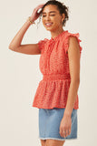 HY6105W Red Plus Ditsy Floral Smocked Tie Neck Tank Side