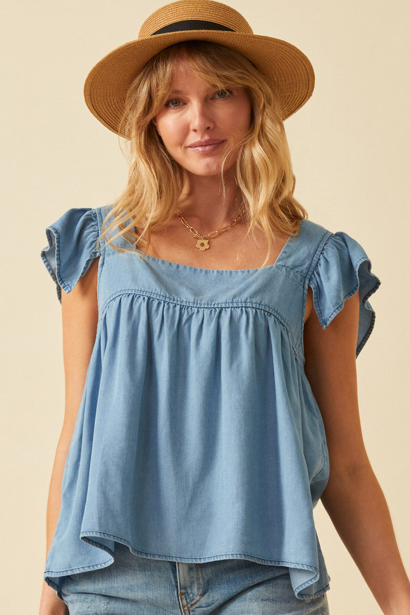 HY6110 Light Denim Womens Tencel Square Neck Ruffle Cap sleeve Top Back