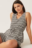 HY6112 Black Womens Engineered Stripe Drawstring Sleeveless Romper Front