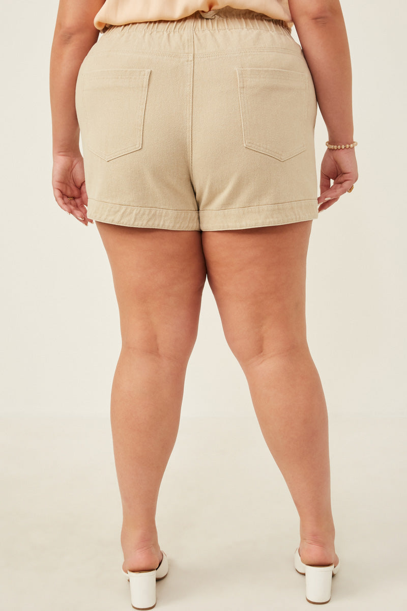 HY6150 Olive Womens Washed Contrast Stitch Colored Denim Paperbag Shorts Full Body