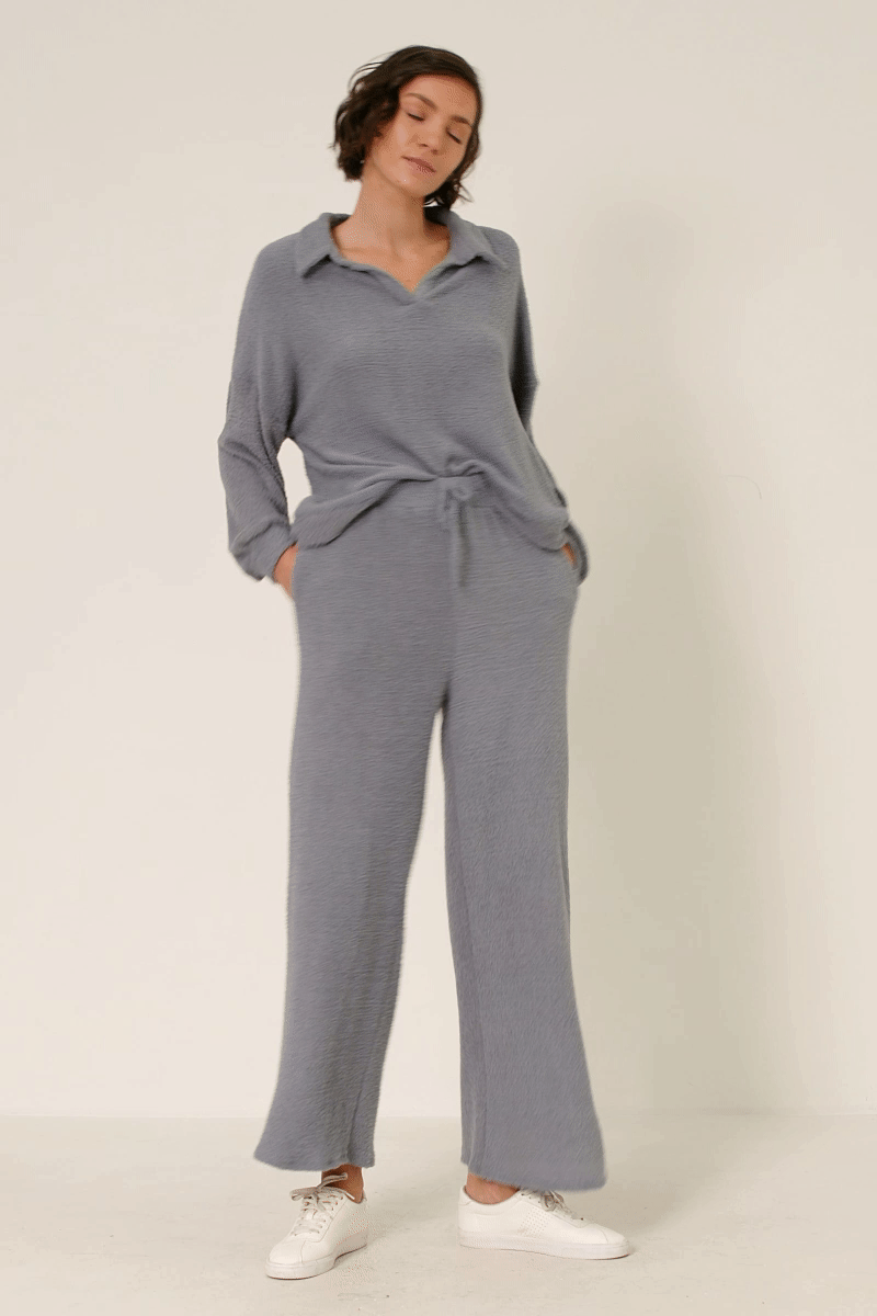 HY6156W Blue Plus Open Collar Long Sleeve Fleece Top Gif