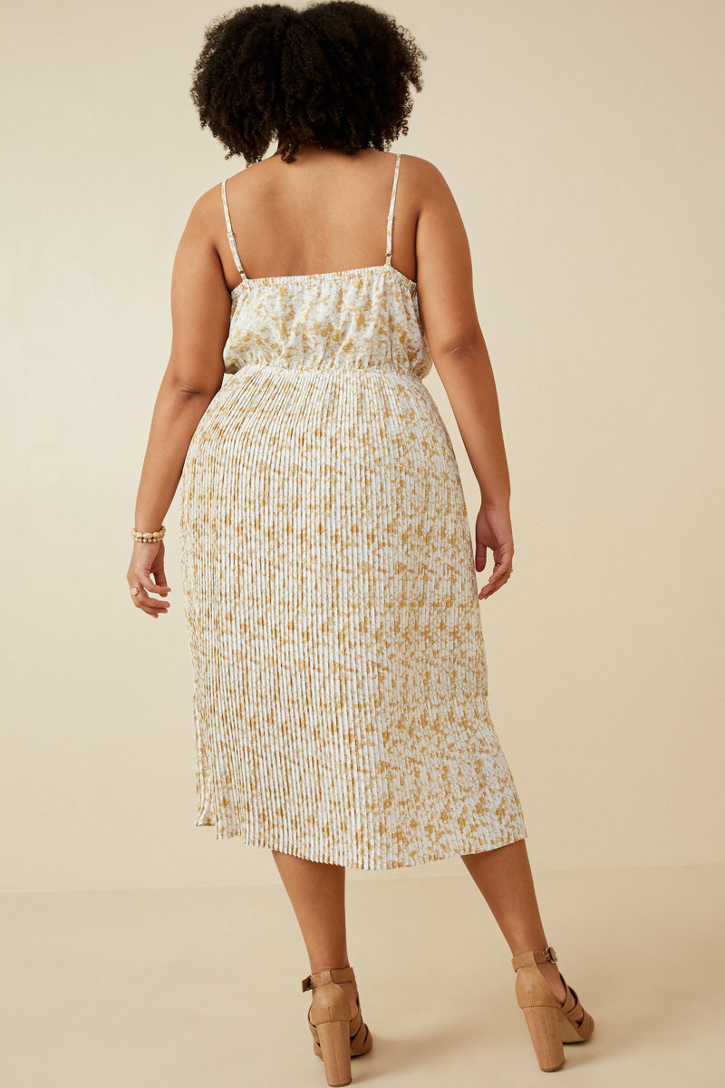 HY6169 Taupe Womens Floral Print Pleated Skirt Tank Dress Side