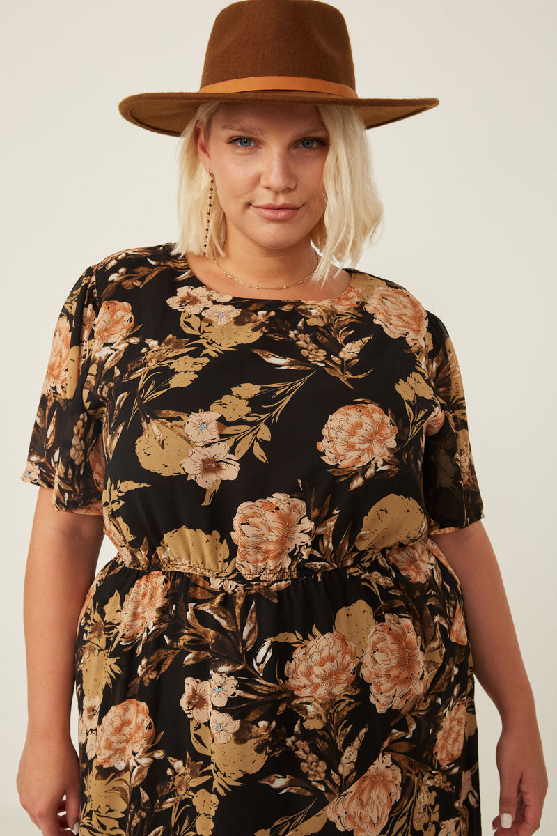 HY6179 Black Womens Romantic Floral Cinch Waist Asymmetric Hem Dress Front