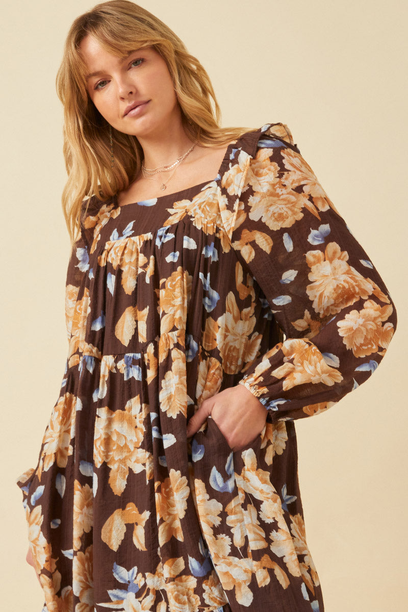 HY6200W Brown Plus Romantic Floral Square Neck Long Sleeve Dress Detail