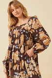 HY6200W Brown Plus Romantic Floral Square Neck Long Sleeve Dress Detail