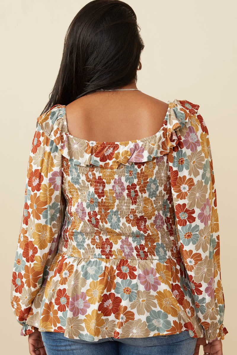 HY6213 Mustard Mix Womens Ruffled Shoulder Smocked Romantic Floral Top Detail