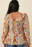 HY6213 Mustard Mix Womens Ruffled Shoulder Smocked Romantic Floral Top Detail