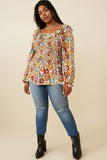 HY6213 Mustard Mix Womens Ruffled Shoulder Smocked Romantic Floral Top Back