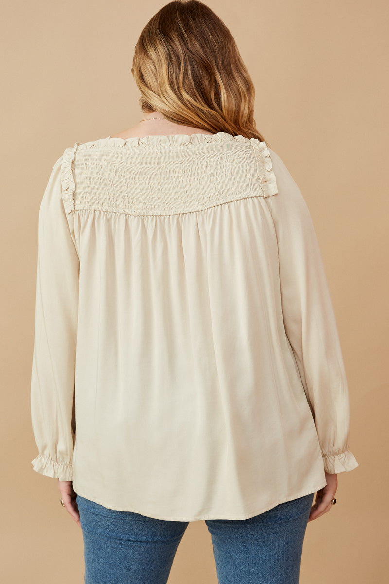 HY6218 Beige Womens Ruffle Lined Smocked Yolk Long Sleeve Top Side