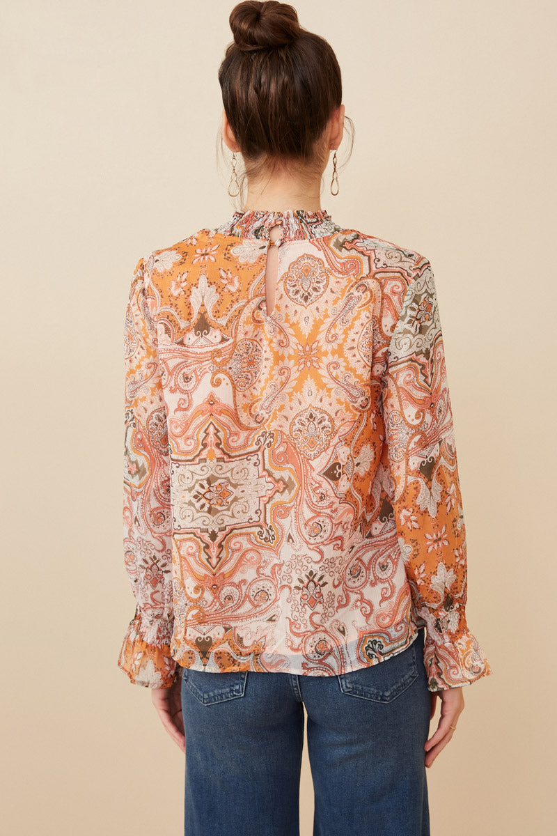 HY6243 Ivory Mix Womens Paisley Print Smock Detail Chiffon Top Back