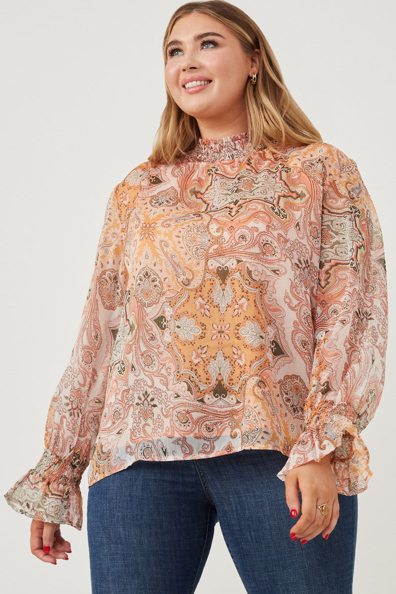 HY6243W Ivory Plus Paisley Print Smock Detail Chiffon Top Front