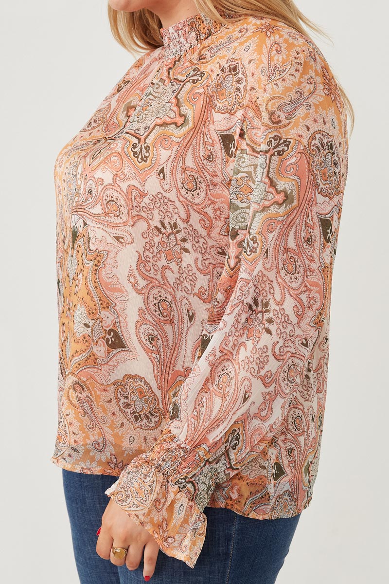 HY6243W Ivory Plus Paisley Print Smock Detail Chiffon Top Gif