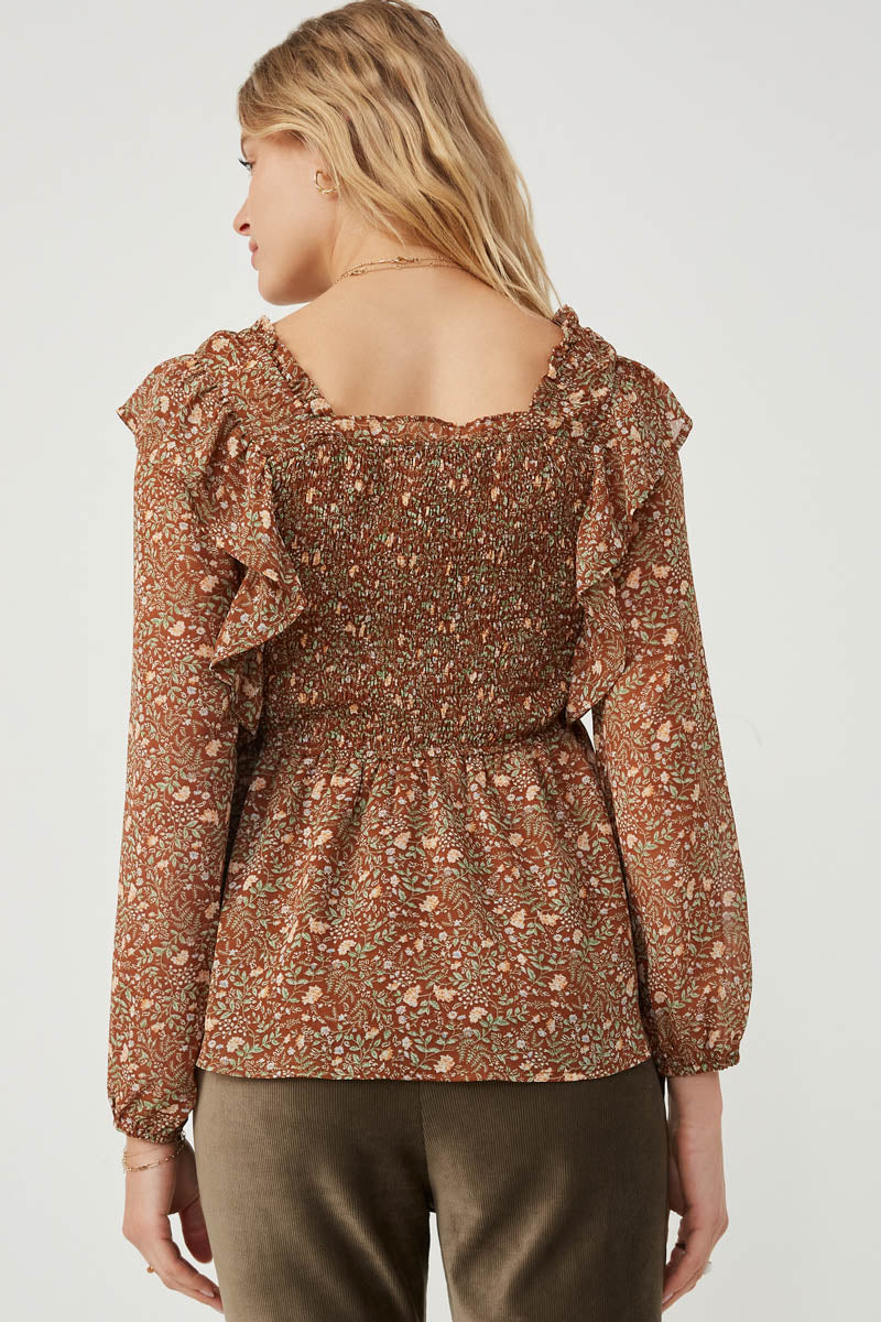 HY6257 Mocha Womens Mixed Botanical Print Ruffle Detail Peplum Top Back