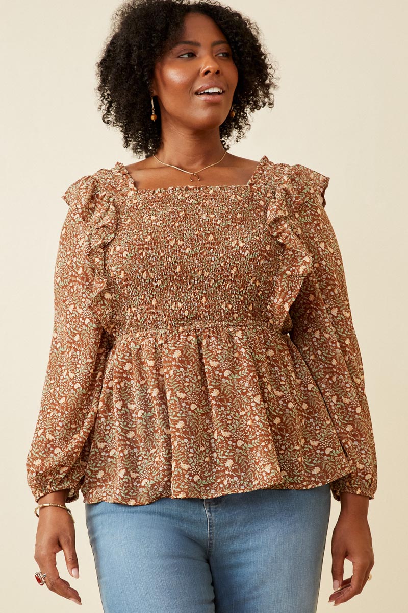 HY6257 Mocha Womens Mixed Botanical Print Ruffle Detail Peplum Top Side