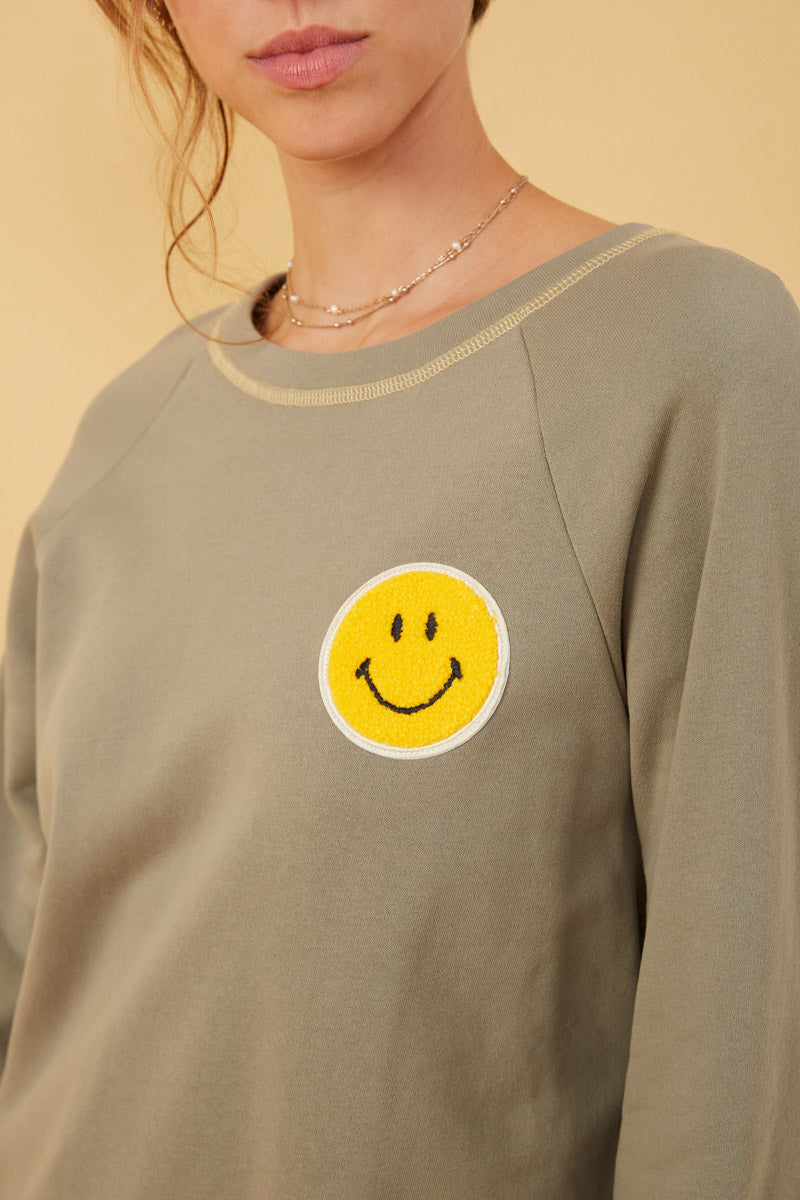 HY6339 Maroon Womens Contrast Stitch Smiley Patch French Terry Sweatshirt Back