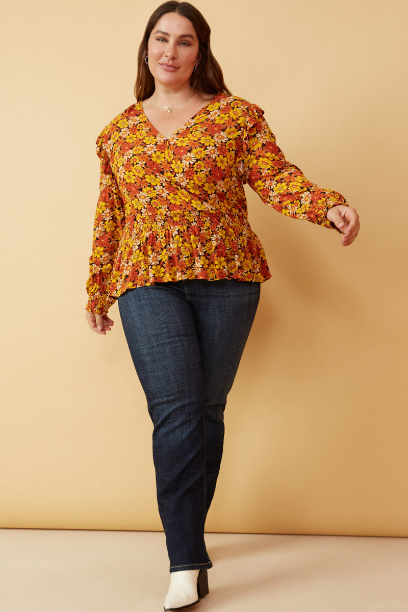 HY6395W BLACK Plus Floral Smocked Peplum Surplice Long Sleeve Top Front