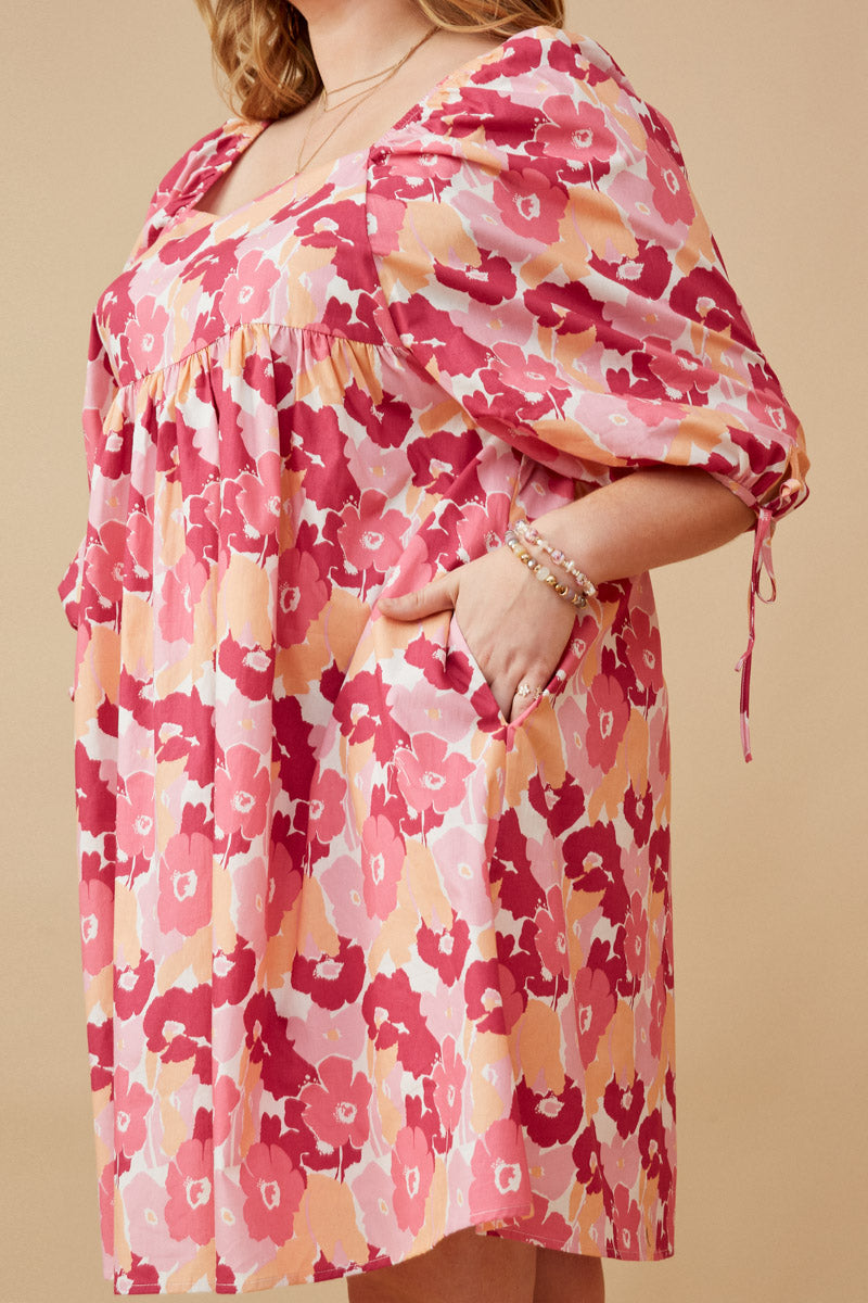HY6447W PINK Plus Large Floral Square Neck Puff Sleeve Dress Full Body