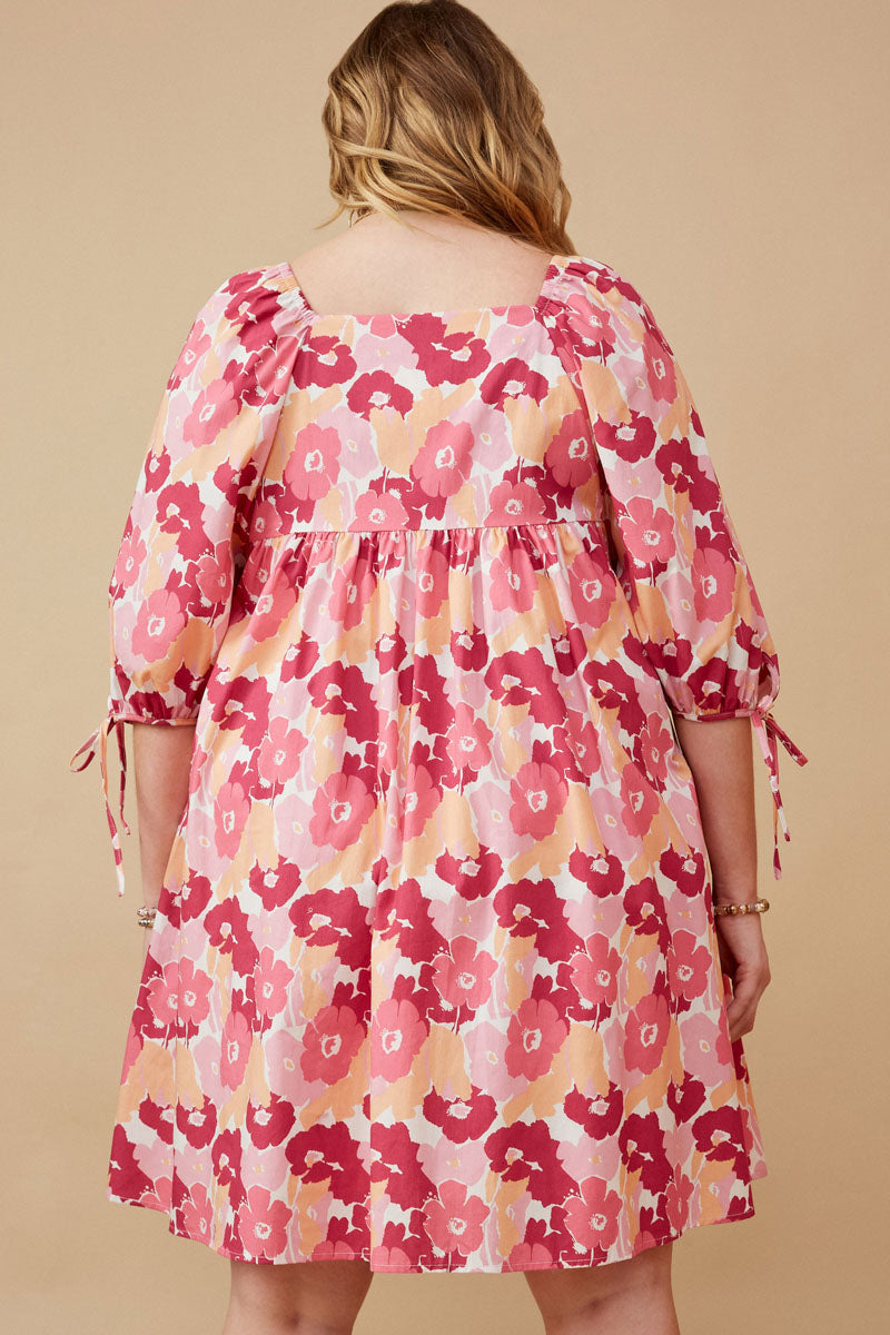 HY6447W PINK Plus Large Floral Square Neck Puff Sleeve Dress Detail