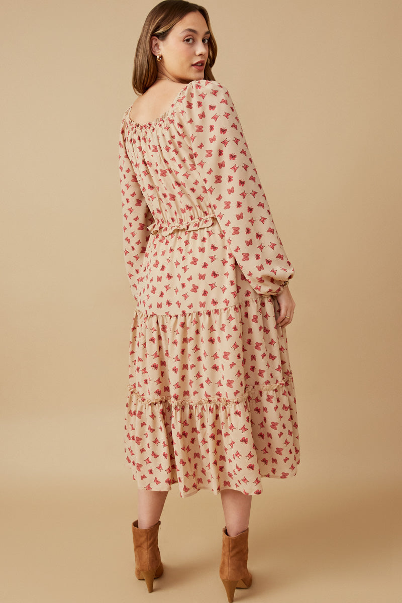 HY6504 Taupe Womens Ditsy Butterfly Print Smocked Midi Dress Side