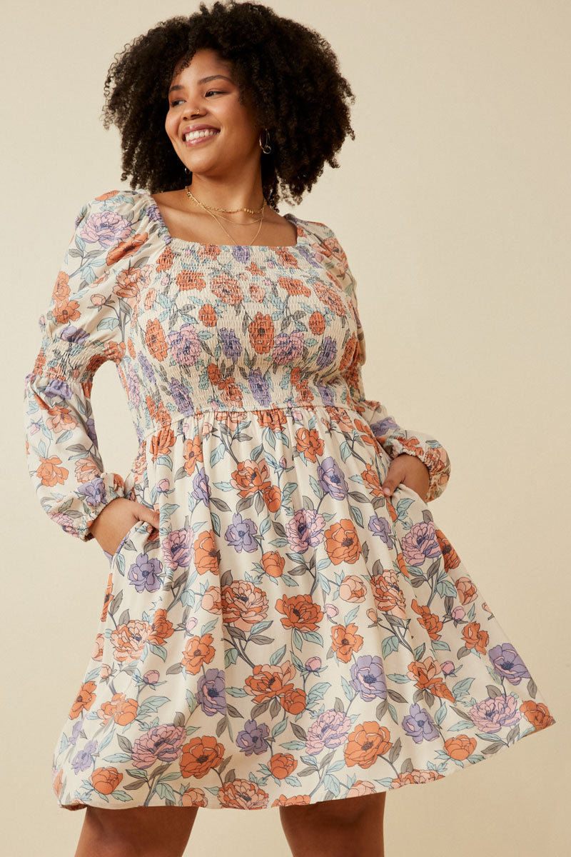 HY6506 IVORY Womens Romantic Floral Smocked Detailed Dress Front