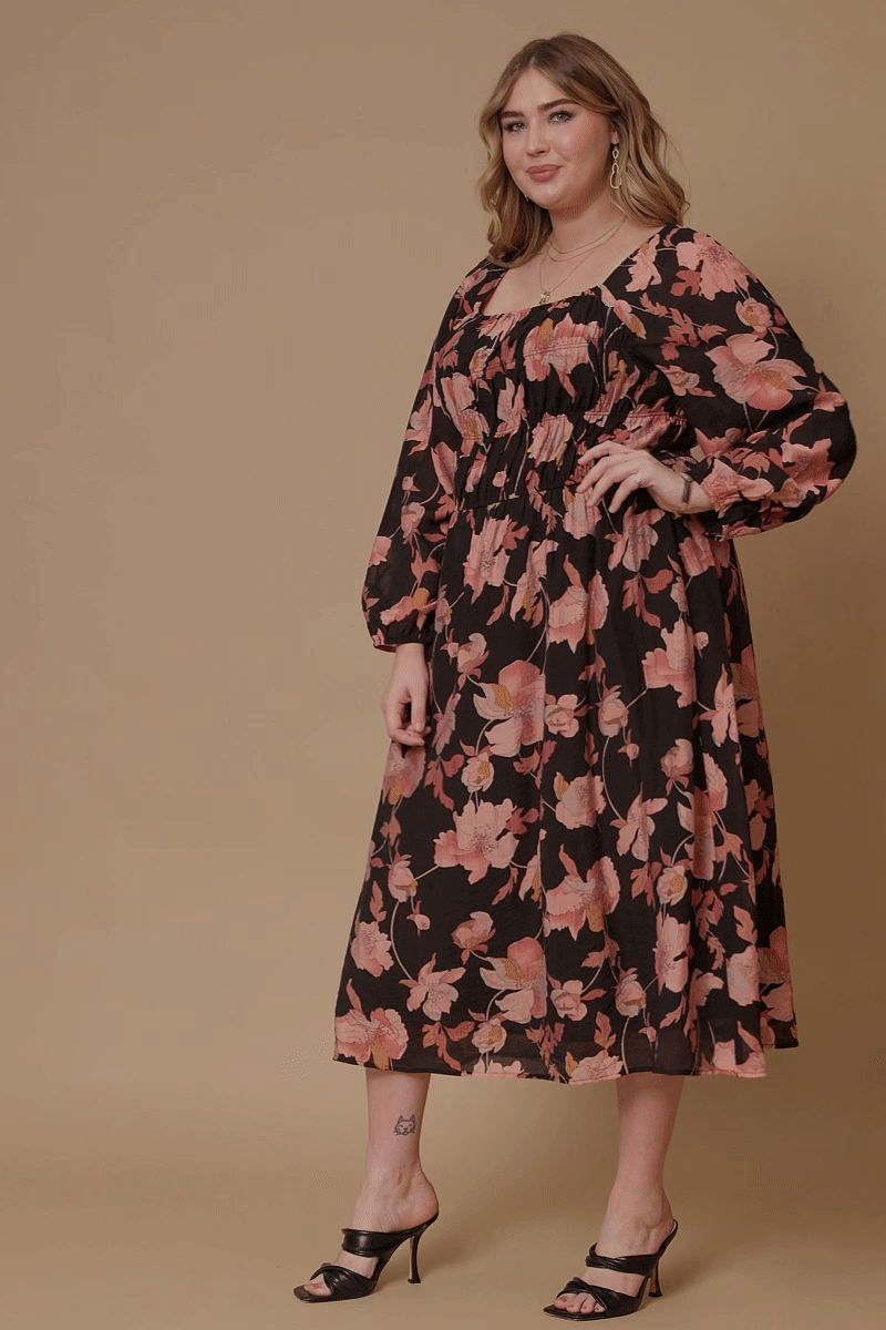 HY6516W BLACK Plus Romantic Floral Square Neck Peasant Smocked Dress Full Body