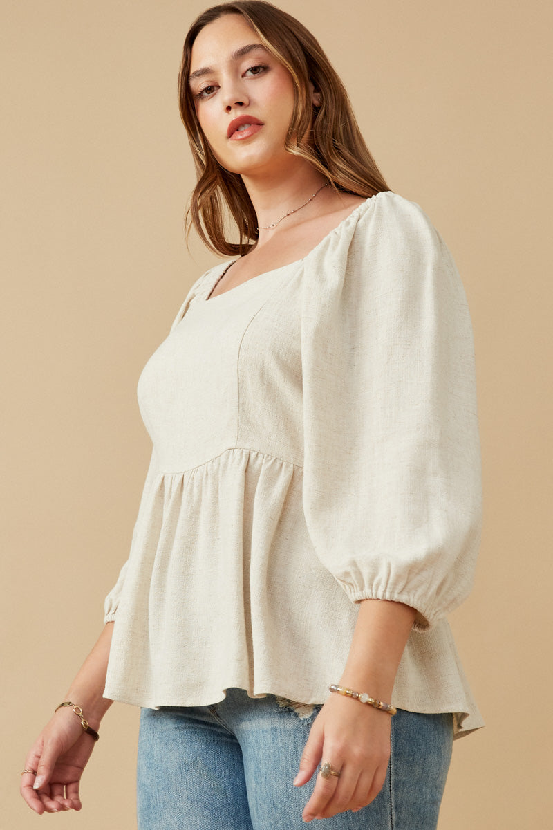 HY6522 Oatmeal Womens Linen Blend Smocked Back Peplum Top Side
