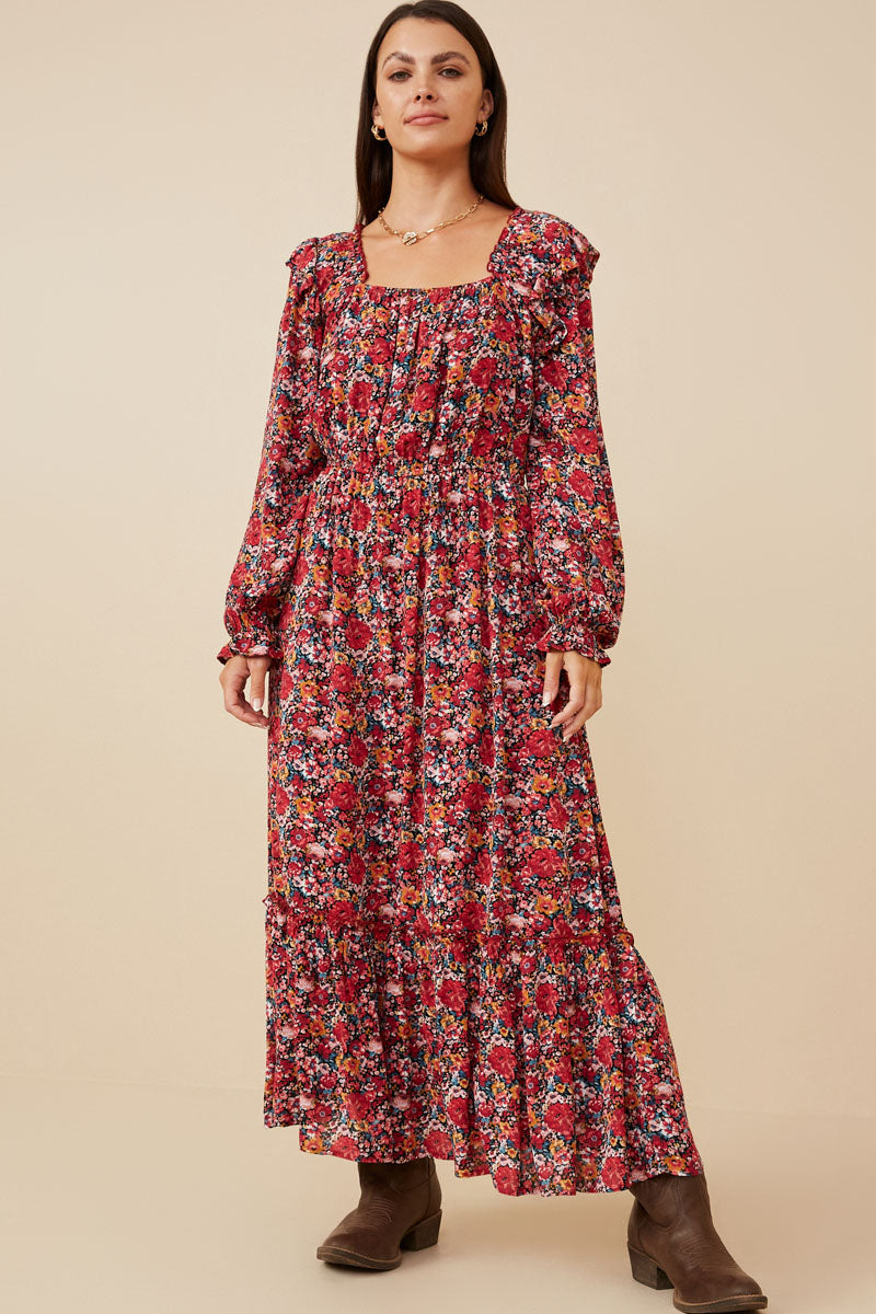 red floral square neck dress Square Neck Floral Print Smocked Waist Midi Dress