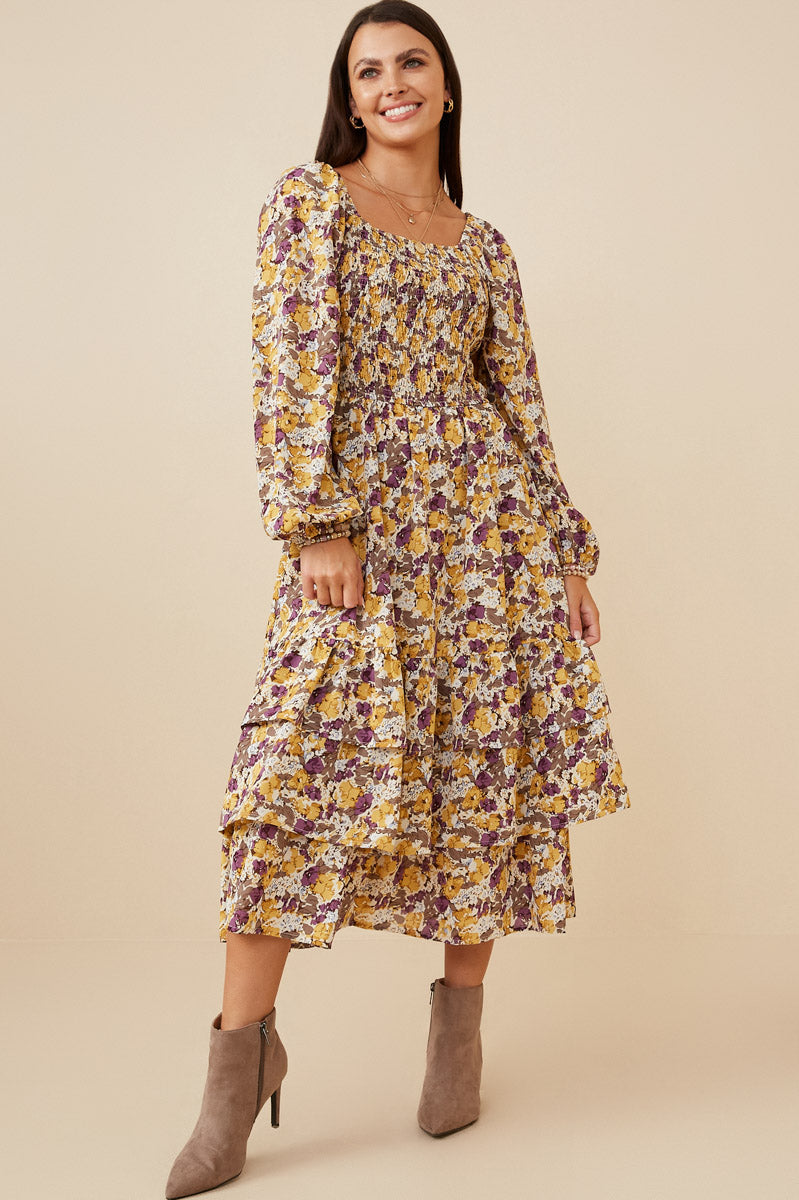 HY6555 Mustard Womens Floral Print Smocked Bodice Tiered Dress Full Body