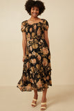 HY6580W Black Plus Antique Floral Smocked Puff Sleeve Dress Full Body