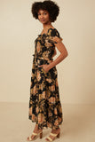 HY6580 BLACK Womens Antique Floral Smocked Puff Sleeve Dress Back