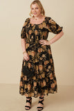 HY6580 BLACK Womens Antique Floral Smocked Puff Sleeve Dress Full Body