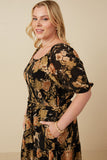 HY6580 BLACK Womens Antique Floral Smocked Puff Sleeve Dress Side