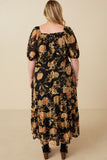 HY6580W Black Plus Antique Floral Smocked Puff Sleeve Dress Side