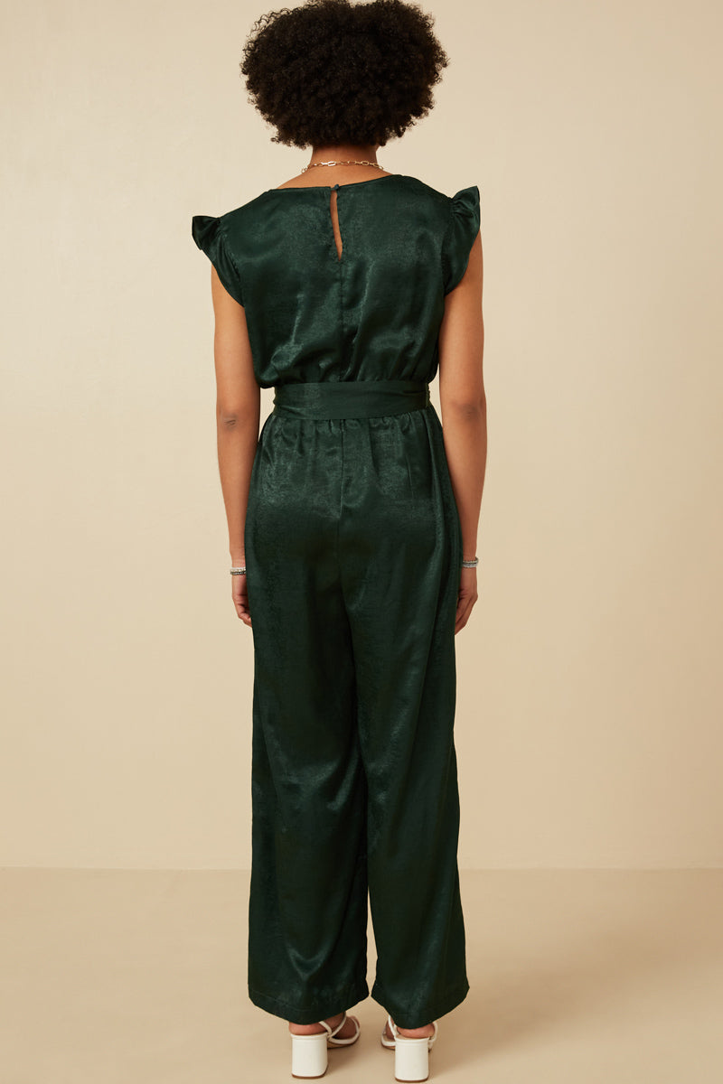 HY6583 GREEN Womens Ruffled Crushed Satin Wide Leg Jumpsuit Front