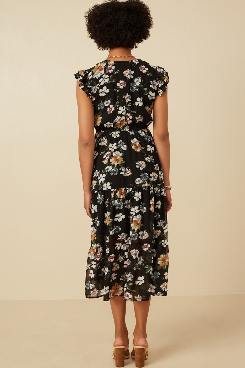 HY6584 BLACK Womens Smocked Romantic Floral Ruffled Tank Dress Side