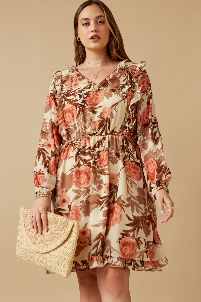 HY6588 TAUPE Womens Romantic Floral Ruffle Detailed Long Sleeve Dress Front