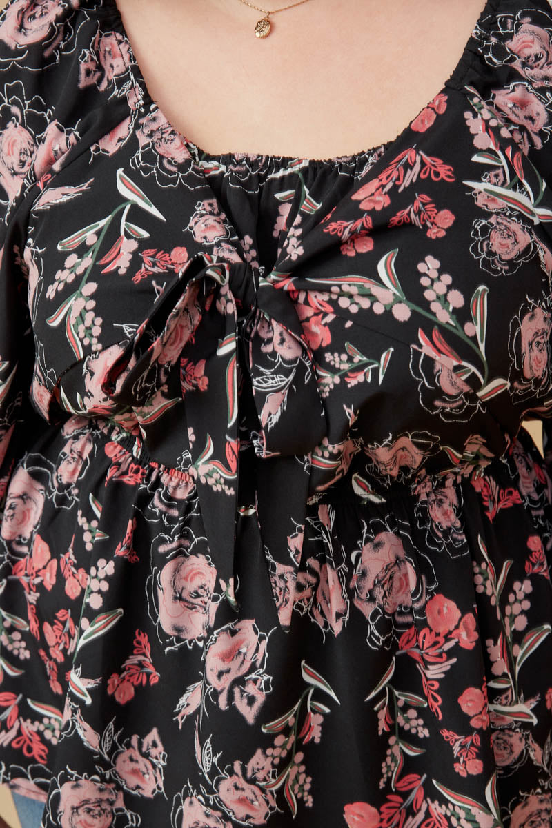 HY6592W BLACK Plus Floral Foliage Print Twist Front Peplum Top Full Body