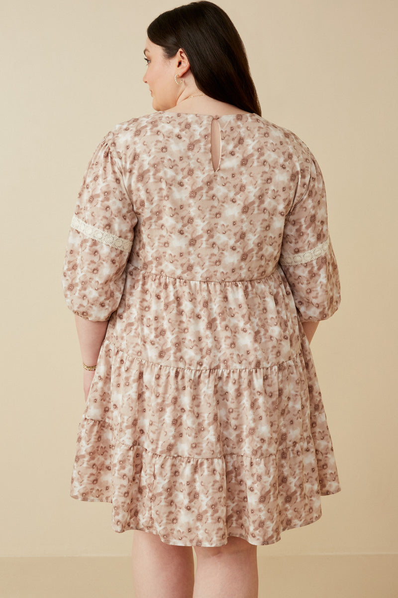 HY6616W Taupe Plus Lace Trimmed Floral Print Tiered Dress Detail