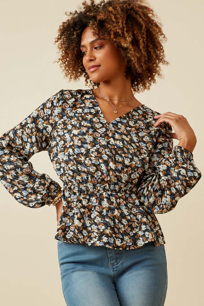 HY6630 BLACK Womens Ditsy Floral Surplice Long Sleeve Chiffon Peplum Front