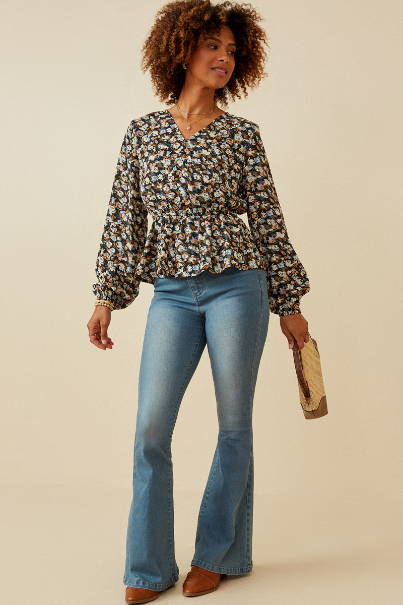 HY6630 Black Womens Ditsy Floral Surplice Long Sleeve Chiffon Peplum Gif