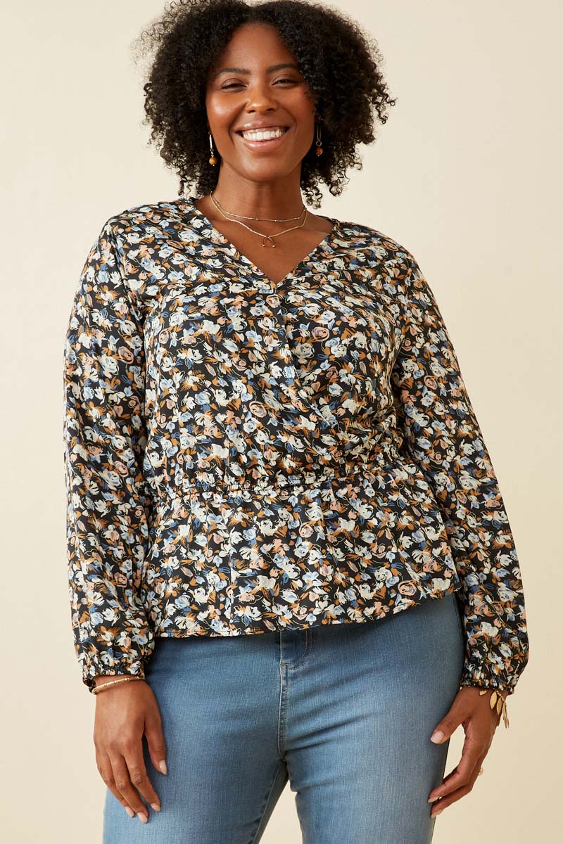 HY6630 Black Womens Ditsy Floral Surplice Long Sleeve Chiffon Peplum Back