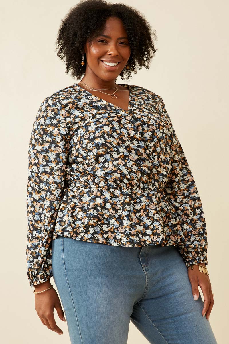 HY6630 BLACK Womens Ditsy Floral Surplice Long Sleeve Chiffon Peplum Side