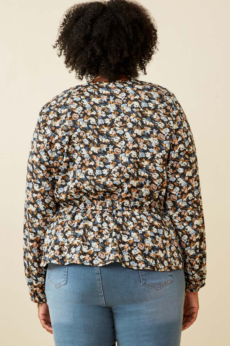 HY6630 BLACK Womens Ditsy Floral Surplice Long Sleeve Chiffon Peplum Back