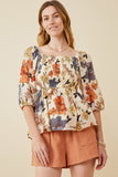 HY6670W Blue Mix Plus Textured Floral Smocked Square Neck Peplum Front