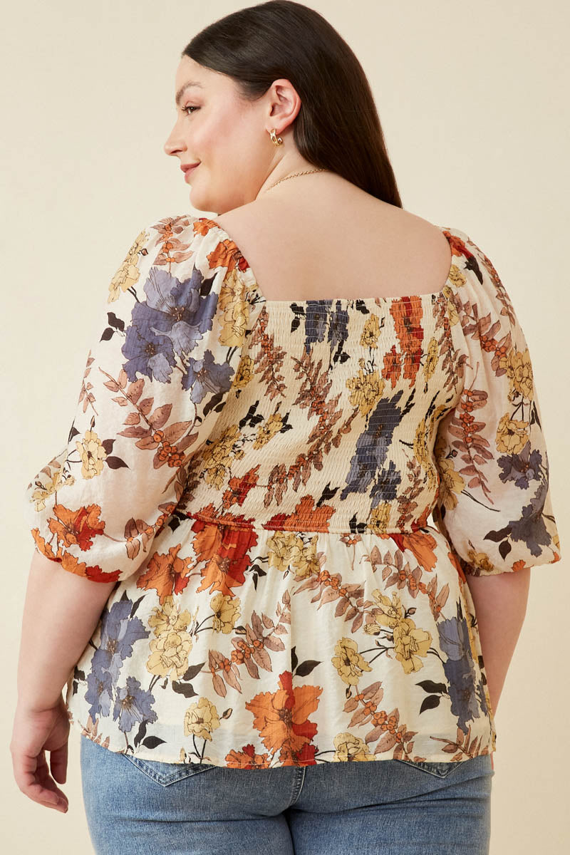 HY6670 RUST Womens Textured Floral Smocked Square Neck Peplum Full Body