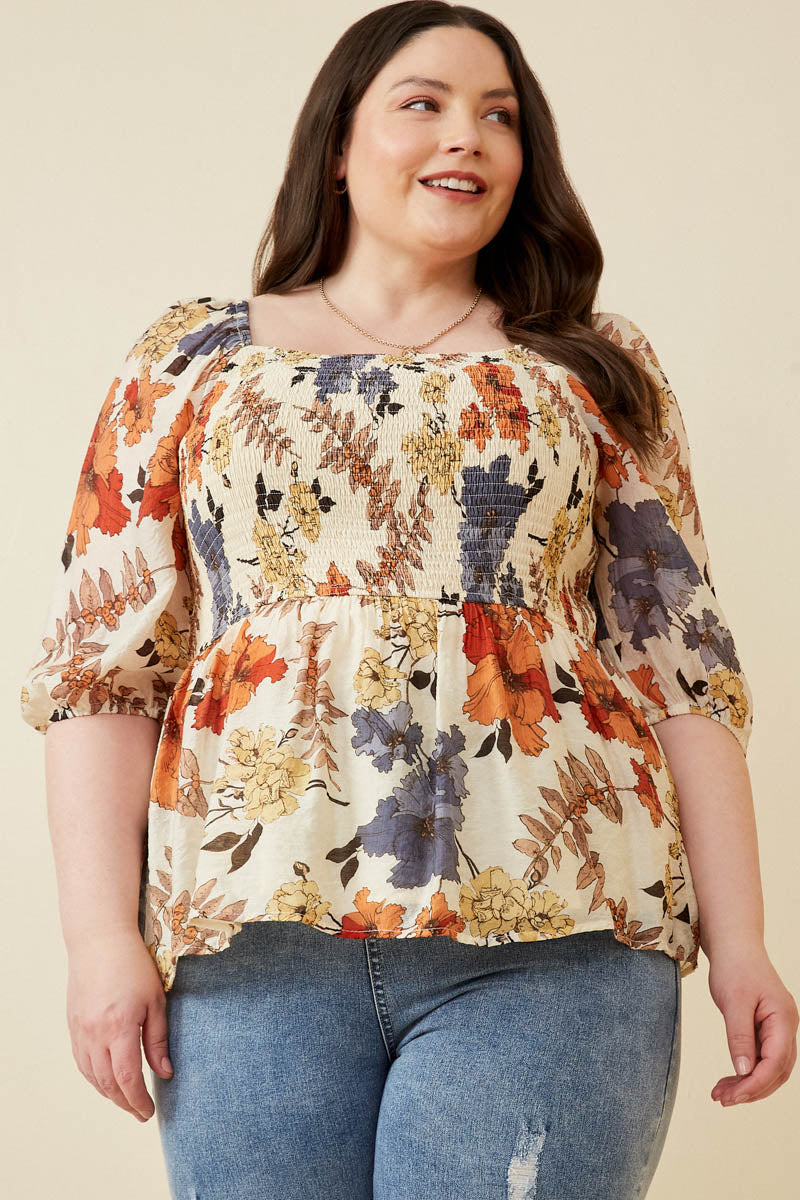 HY6670 RUST Womens Textured Floral Smocked Square Neck Peplum Side