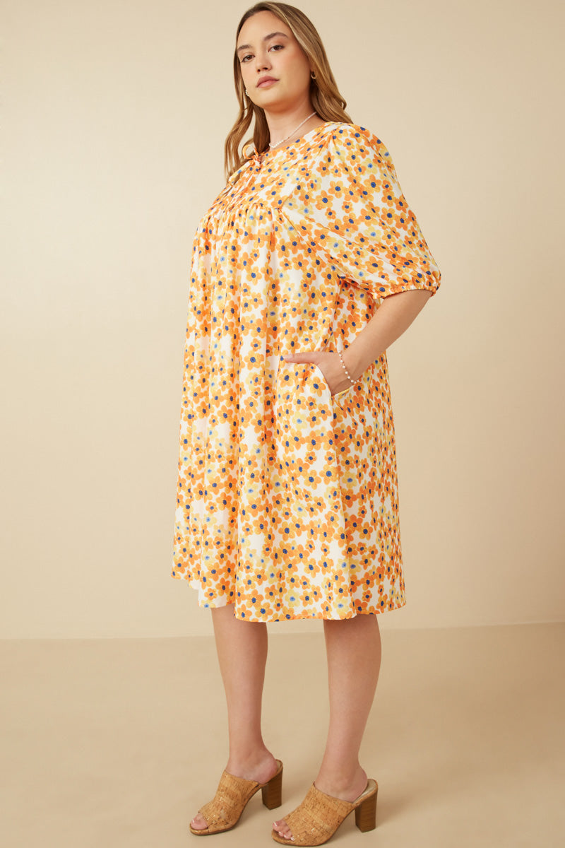 HY6685W Yellow Women Floral Tie Detail Short Sleeve Dress Detail