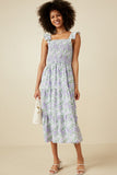 HY6715 Sage Womens Floral Ruffle Strap Ribbon Back Smocked Dress Front