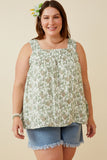 HY6749 GREEN Womens Botanical Print Square Neck Handerchief Tank Front