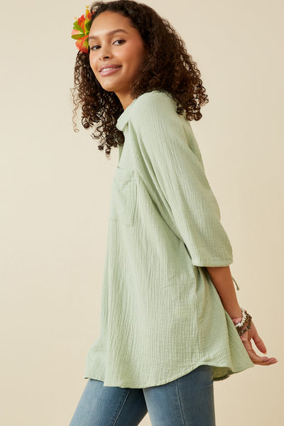 Phoebe Textured Button Up Shirt With Smock Detail